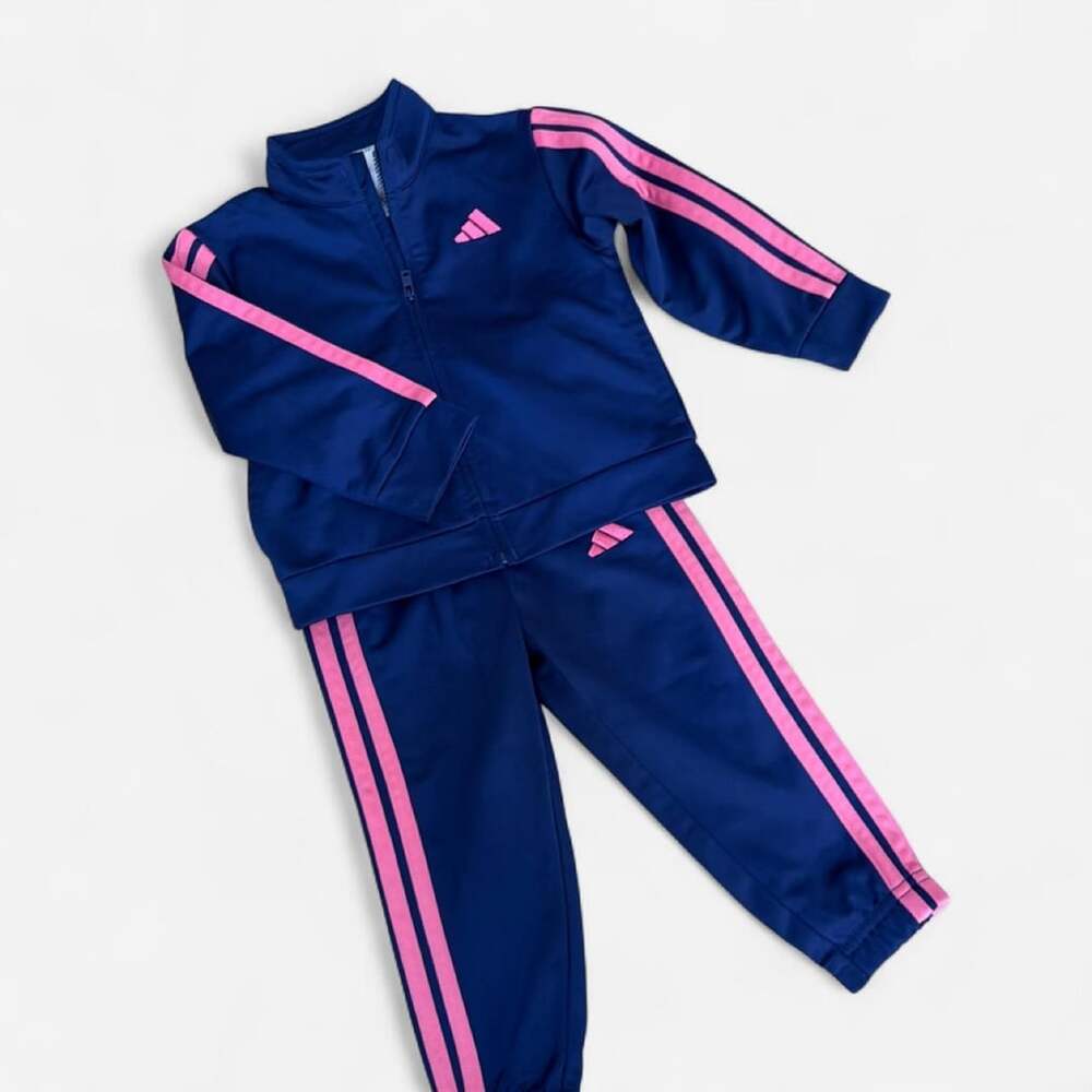 Adidas Tracksuit Size 18M Navy Blue Pink Stripe Athletic Set